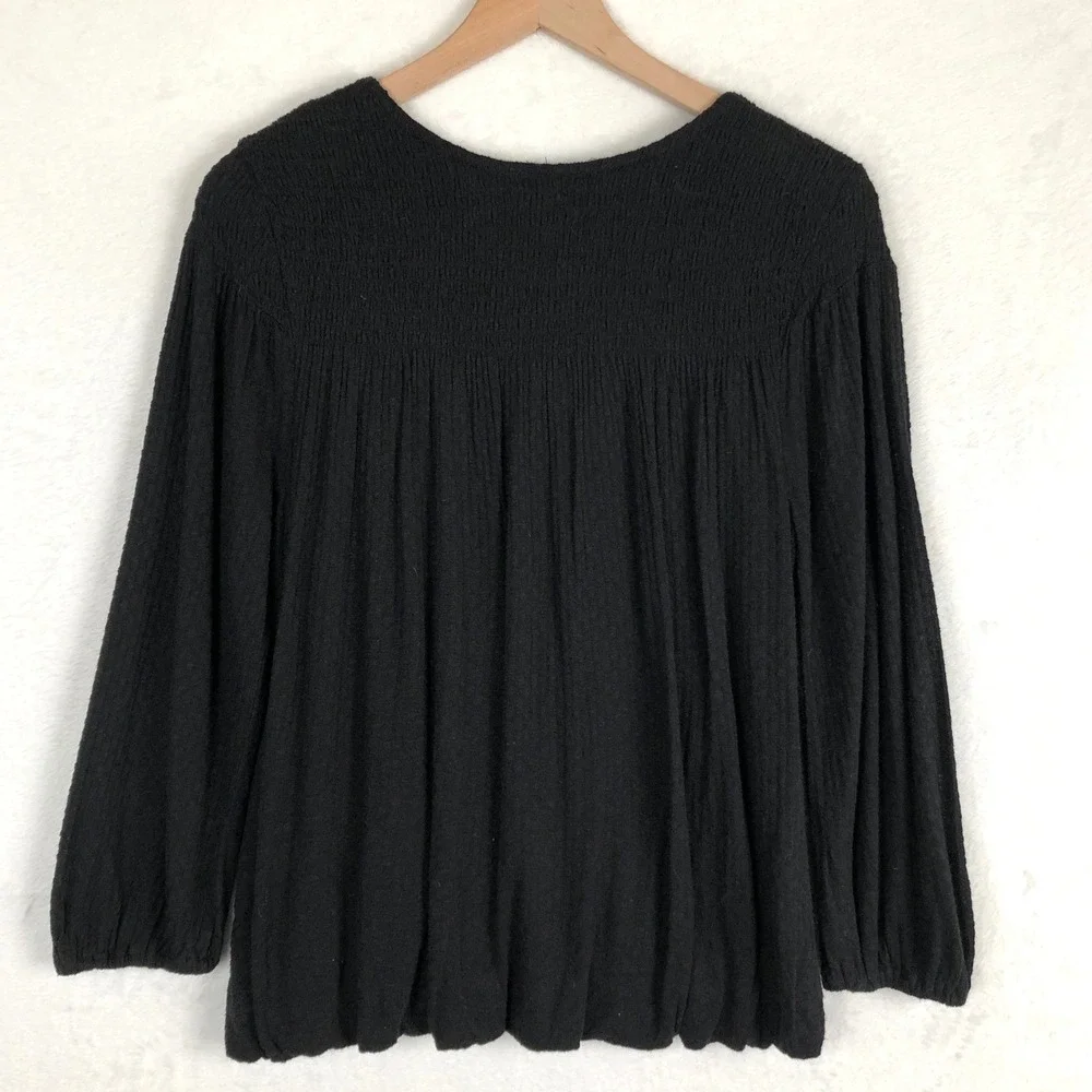 FREE PEOPLE Embroidered Top Sz S Black Gold Balloon Hem Smocked Peasant Boho